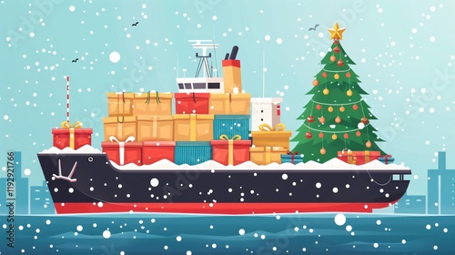 Container Cargo Ship with Christmas Tree and Gift Boxes on Deck