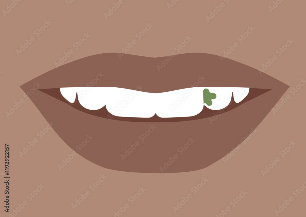 Obraz premium Close-up of a smile with a parsley leaf stuck between teeth, capturing a humorous and slightly embarrassing everyday moment in dental care and social interactions