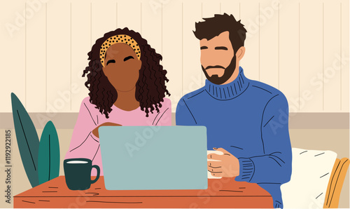 Young multiracial couple, man and woman sitting in cafe, lounge zone working on laptop, drinking coffee. Colorful flat vector illustration