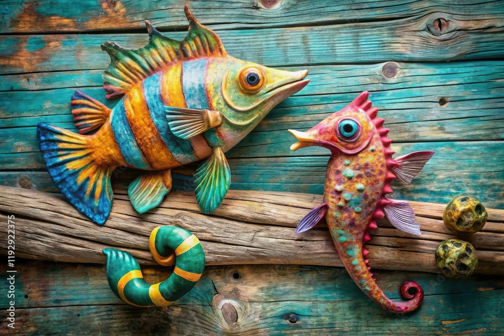 Obraz premium Handcrafted driftwood paper mache fish and seahorse; charming coastal home decor.