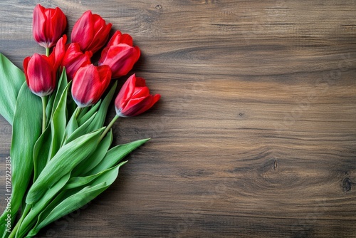 Red tulips and mask kn95 on rustic wooden background. Top view with copy space. Happy Nurse Day. Covid-19 concept. 