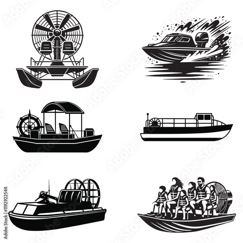 Collection of Marine Transportation Airboat vector illustration, Boat Man clipart design, vintage Fishing Boat art
 