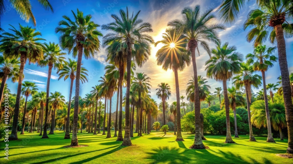 Obraz premium High-DOF photography captures a sunny palm park's lush tropical scene with exceptional detail and depth.