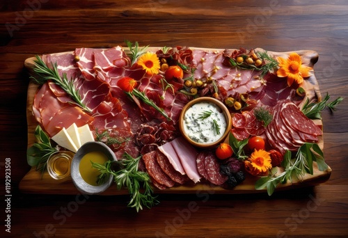 stunning display delectable meat platter arranged elegantly stylish serving board enhanced gourmet accompaniments, appetizers, cheese, charcuterie, deluxe