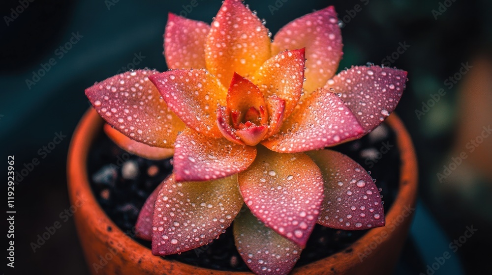 Dew-kissed succulent in terracotta pot, vibrant orange and pink hues. Dew-kissed succulent in terracotta pot, vibrant orange and pink hues.