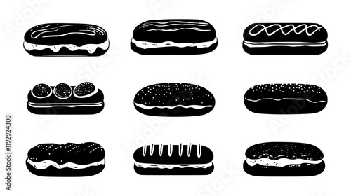 Collection of eclair icons, eclair illustration art, seamless pattern