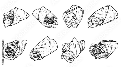 Collection of Falafel pita wrap vector icons, Falafel pita wrap vector art pattern