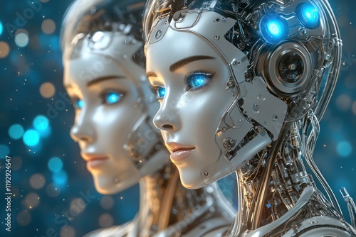 Futuristic Robots with Blue Eyes in a Sci-Fi Setting A Vision of Tomorrow.