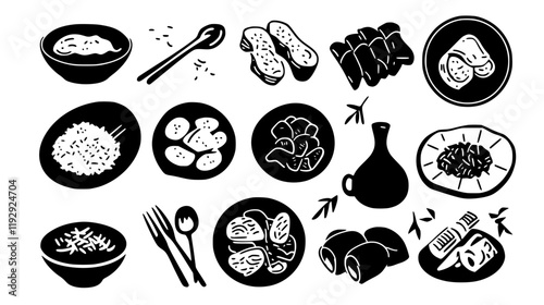 Collection of Fried rice with chicken vector icons, Fried rice with chicken vector art pattern
