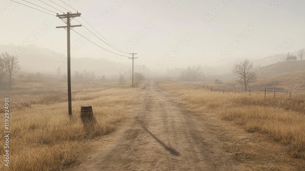 Misty morning, rural road, dry grass, power lines, distant hills.