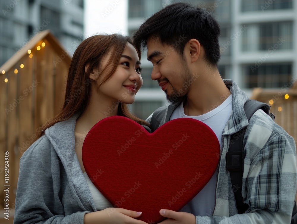 A young couple smiling at each other while holding a large red heart outdoors. A young couple smiling at each other while holding a large red heart outdoors.