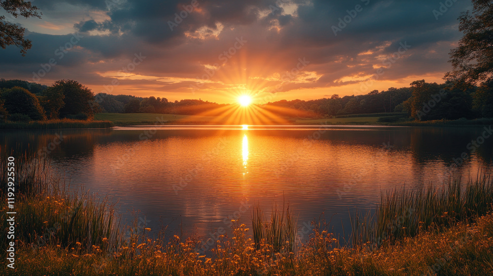 Obraz premium A warm sunset casting a golden glow over a tranquil countryside lake