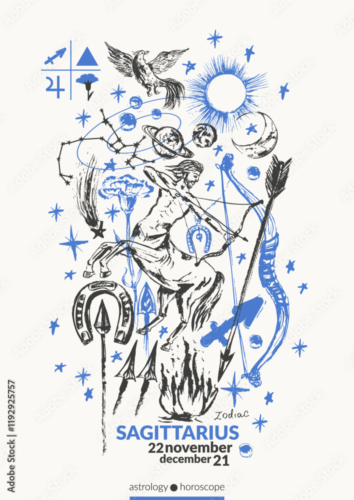 Obraz premium Hand drawn sagittarius zodiac signs illustration, horoscope background with astrology symbols and talismans