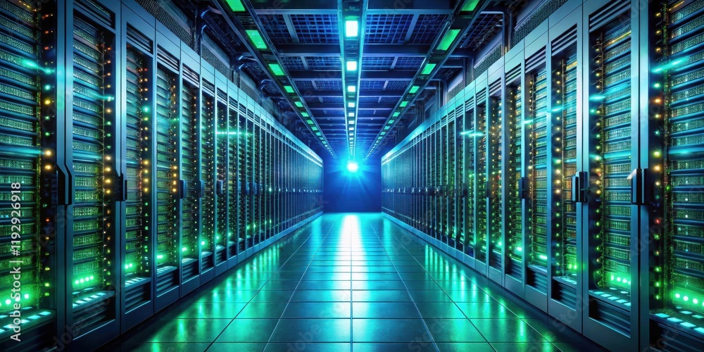 Fototapeta premium A long corridor of illuminated server racks in a modern data center