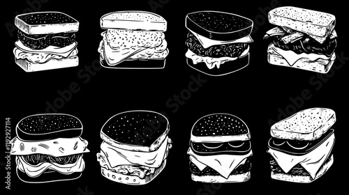 Collection of Reuben Sandwich icons, Reuben Sandwich illustration art, seamless pattern