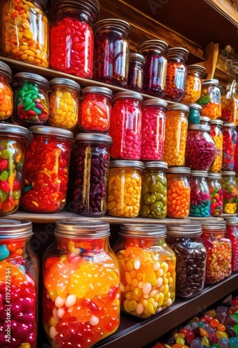 Wallpaper Mural vibrant close assorted candies colorful jars featuring chewy hard jelly beans bursting colorful delight, candy, gummy, fruit, tropical, treats, multipack Torontodigital.ca