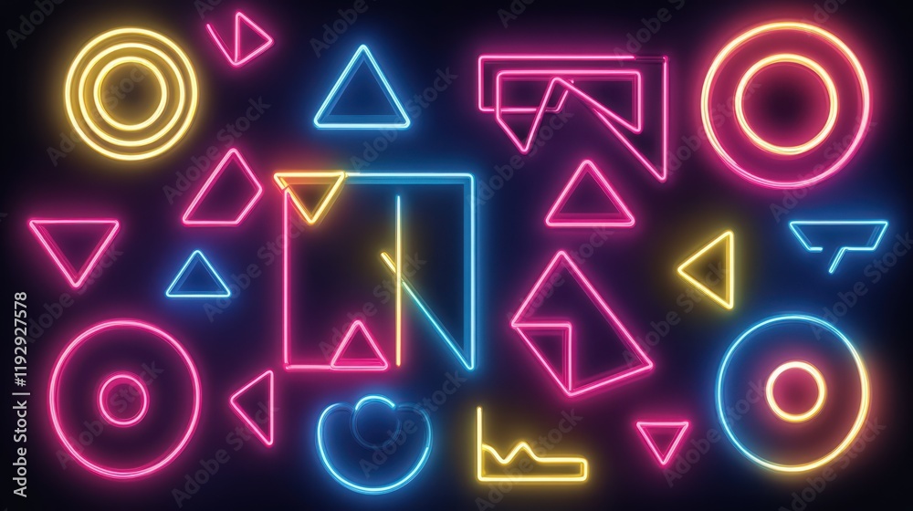 Glowing Neon Geometric Shapes Pattern on Dark Background abstract art colorful Glowing Neon Geometric Shapes Pattern on Dark Background abstract art colorful