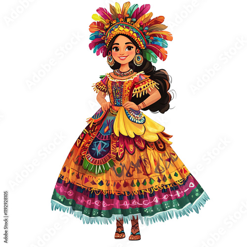 A female cartoon character dressed in a colorful Tehuana dress, with its distinct headpiece and ornate designs, standing against a white background photo