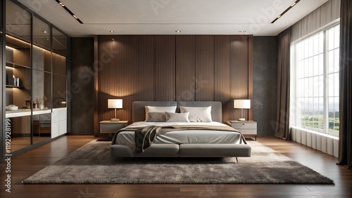 Minimalist interior design of modern luxurious bedroom with carpet dark brown wall