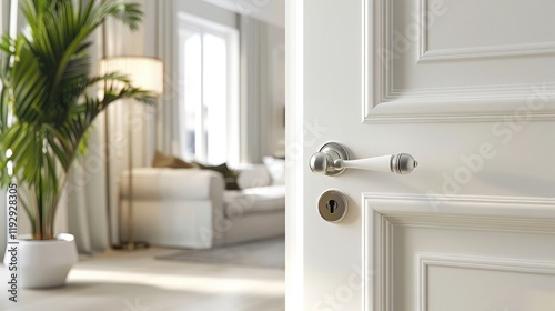 A contemporary door handle in matte white blends effortlessly into a light-toned door, contributing to a seamless and minimalist aesthetic in a modern home environment.