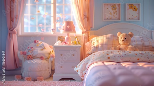 a cozy girl's room with a comfortable bed, a charming nightstand, and a sweet toy horse, in a calming pastel atmosphere
