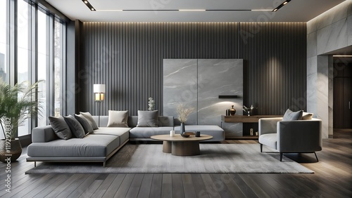Minimalist interior design of modern luxurious living room with wooden dark grey wall