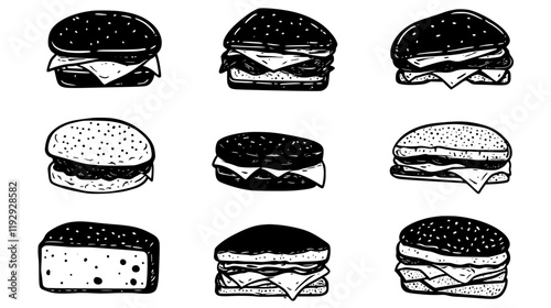 Collection of Turkey and cheese sandwich icons, Turkey and cheese sandwich illustration art, seamless pattern
