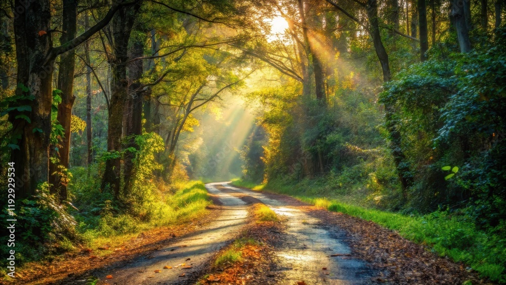 Fototapeta premium Sunlit Path Through Autumnal Woodland, Golden Rays Illuminating a Winding Road