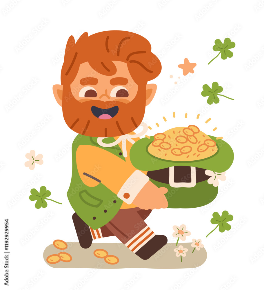 Cute leprechaun carries hat with gold coins isolated background. Fantasy flat vector character Cute leprechaun carries hat with gold coins isolated background. Fantasy flat vector character