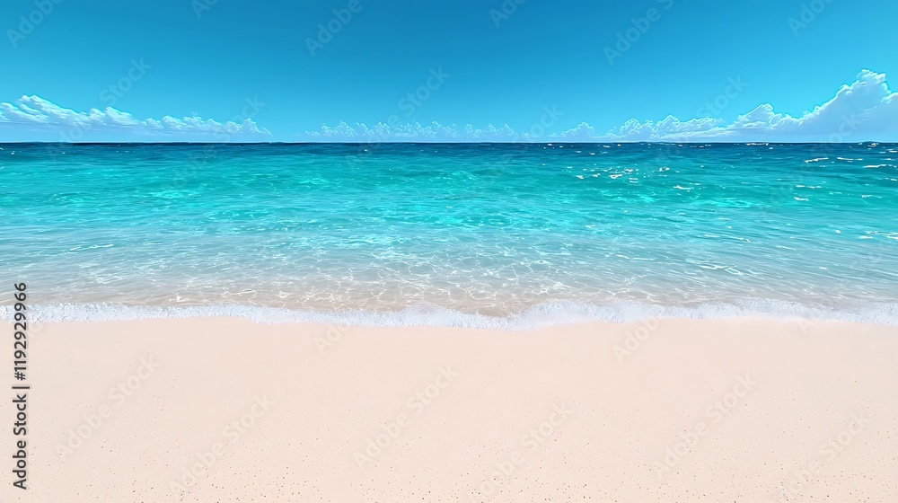 Idyllic tropical beach scene with pristine white sand and turquoise ocean under a vibrant blue sky. Idyllic tropical beach scene with pristine white sand and turquoise ocean under a vibrant blue sky.