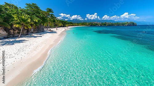 Idyllic tropical beach with white sand  turquoise water  palm trees  and blue sky.