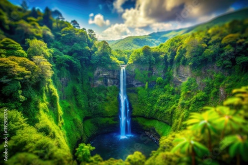 Miniature Akaka Falls: Tilt-shift photography transforms Hawaii's rainforest landscape into a dramatic, enchanting miniature. photo