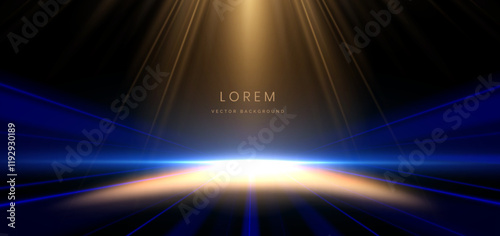 Abstract futuristic glowing blue and gold light ray  on black background.