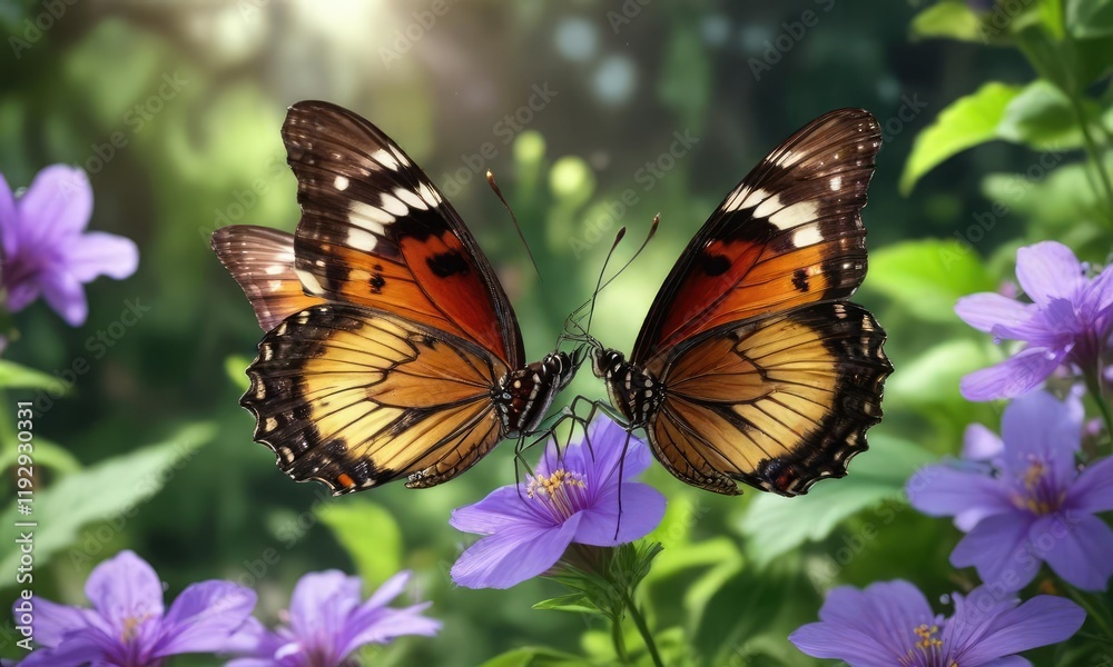 Fototapeta premium A butterfly sips nectar from a violet flower's center with a blurred background of green leaves, flowers, natural