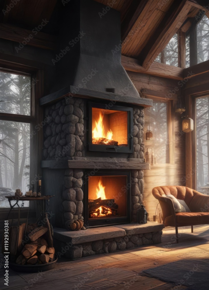 A cabin in the woods with a large furnace by the fireplace, warm ambiance, chimney smoke, wood cabin A cabin in the woods with a large furnace by the fireplace, warm ambiance, chimney smoke, wood cabin