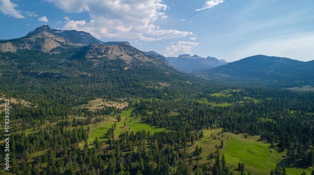 Naklejka premium Majestic mountain landscape with verdant forests and vast open sky