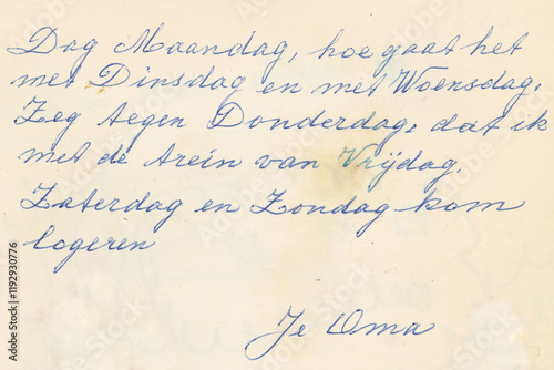 Text written by a seventy year old lady in Dutch. It's an entry in an old Dutch friendship book from 1966. It's a child rhyme about the days of the week. Oma means grandma.