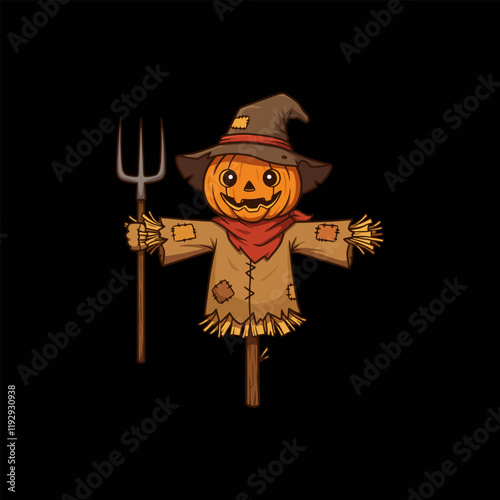 A friendly cartoon scarecrow with a pumpkin head, wearing a hat and holding a pitchfork.