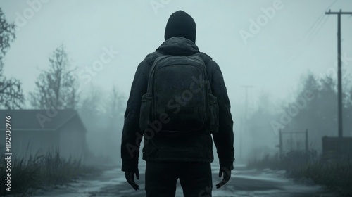 Person with backpack facing away in foggy landscape.