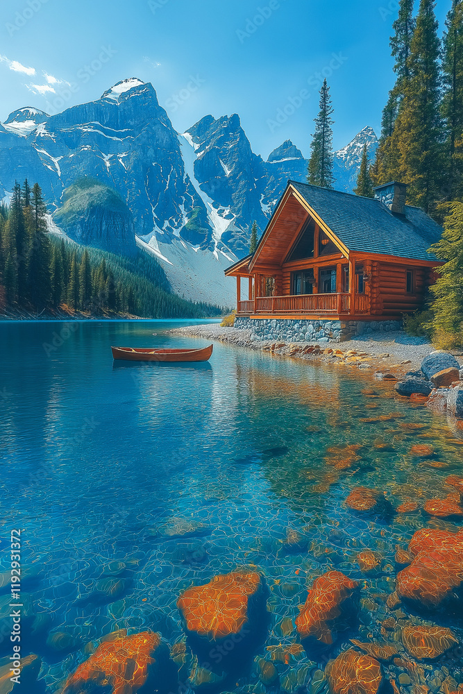 Fototapeta premium Cabane paisible au bord d’un lac de montagne avec barque et eau cristalline