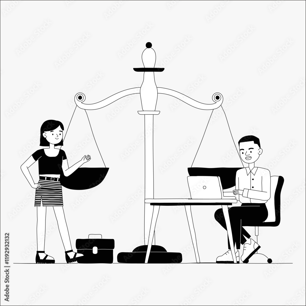Fototapeta premium Man and woman discussing legal matters near scales of justice in flat vector illustration symbolizing law, balance, and justice, isolated on white background.