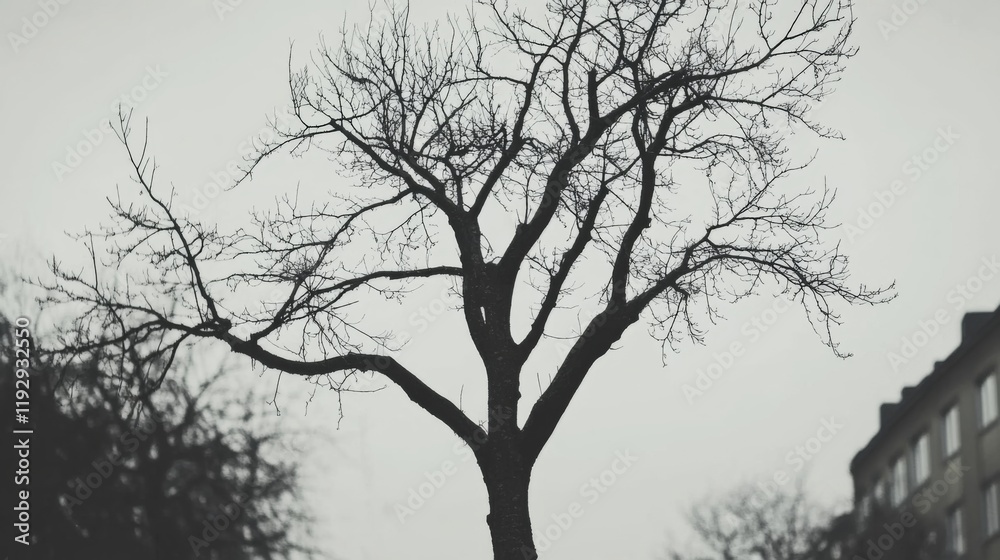 Silhouette of a leafless tree against a gray sky and building. Silhouette of a leafless tree against a gray sky and building.