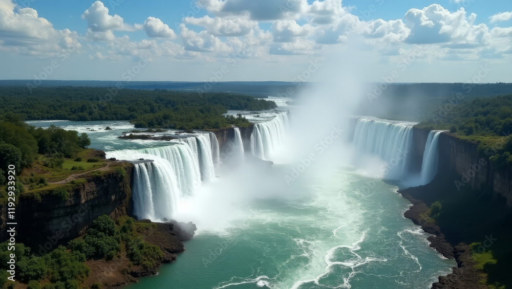 Iguazu Falls on the border of Argentina and Brazil with majestic cascades representing a natural wonder Iguazu Falls on the border of Argentina and Brazil with majestic cascades representing a natural wonder