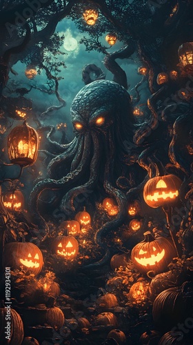 Halloween Night in the Dark Forest: A Ghastly Encounter with a Cthulhu-esque Creature photo