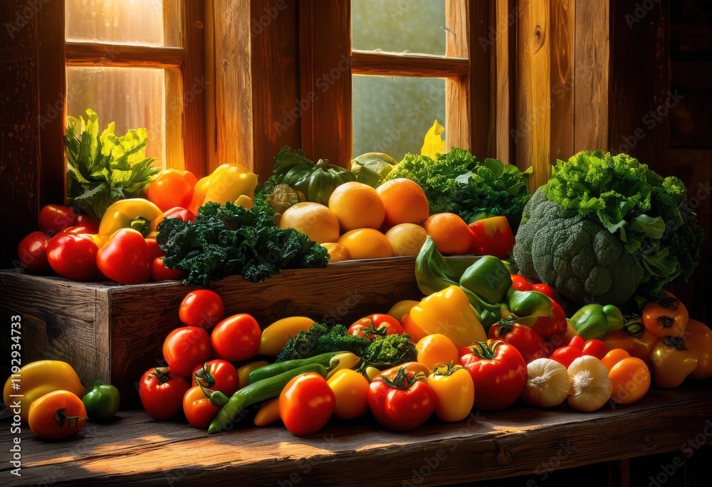 colorful display fresh fruits vegetables arranged textured rustic wooden surface enhancing natural appeal, arrangement, colors, variety, healthy, organic colorful display fresh fruits vegetables arranged textured rustic wooden surface enhancing natural appeal, arrangement, colors, variety, healthy, organic