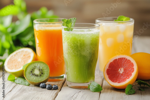 Transparent glasses with fresh juice, juicer and ripe fresh fruits. Making fresh juice, side view, background with bokke. Healthy eating with drinks