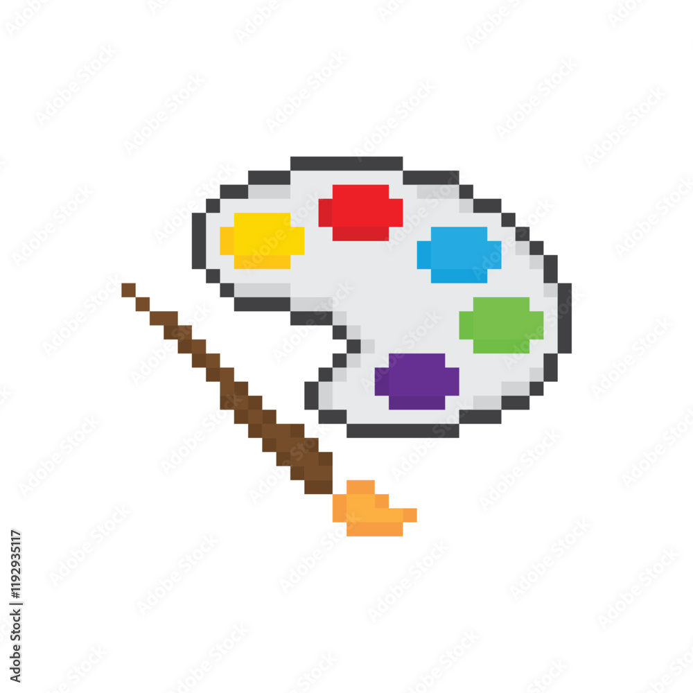Fototapeta premium pixel paint Brush icon. Vector pixel art paint palette 8 bit for game company logo template 