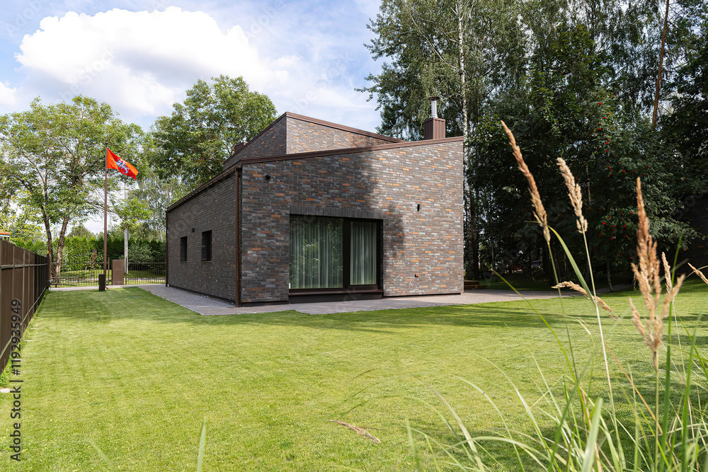 Modern luxury villa exterior in minimal scandinavian style, 3d render
