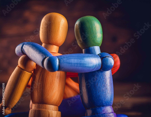 Colorful wooden figures embracing,symbol of friendship and unity