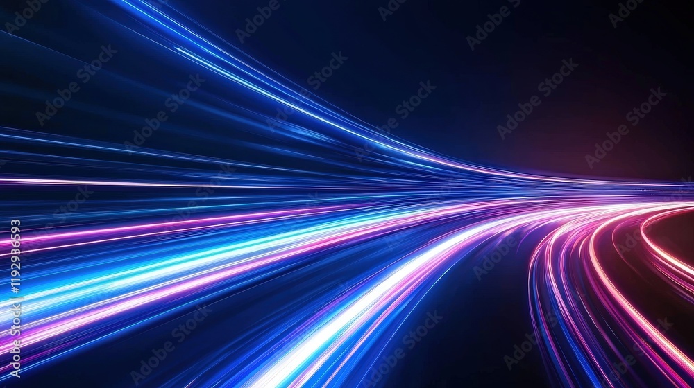 Long exposure of light streaks with a futuristic car on a neon-lit highway at night Long exposure of light streaks with a futuristic car on a neon-lit highway at night